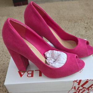 Alba Hot Pink Suede Peep-Toe Block Heel Pumps